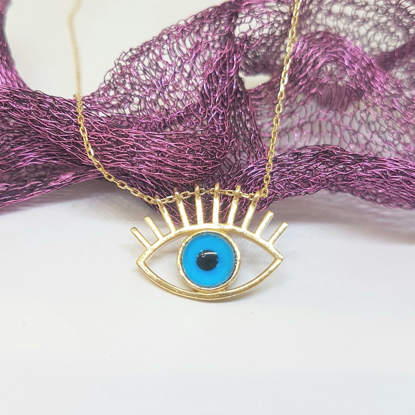Eye Evil Eyelash Pendant Necklace for Women 14K Real Solid Gold Lucky Good Luck Blue