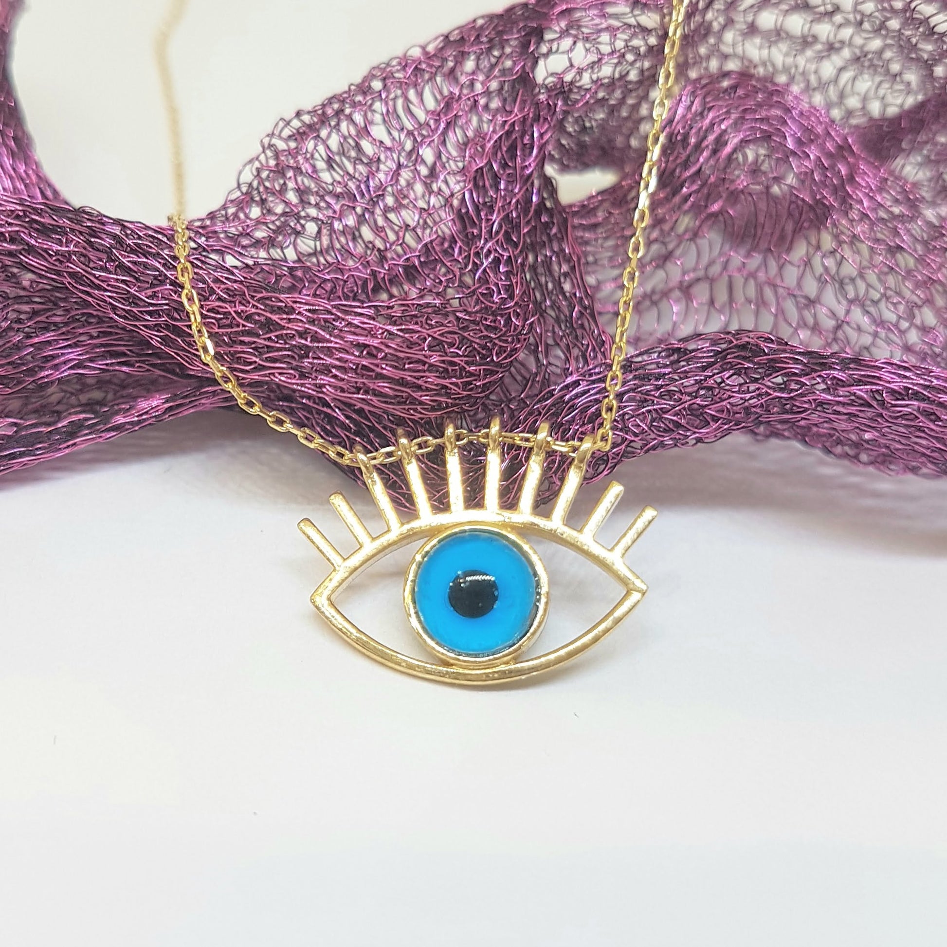 Eye Evil Eyelash Pendant Necklace for Women 14K Real Solid Gold Lucky Good Luck Blue