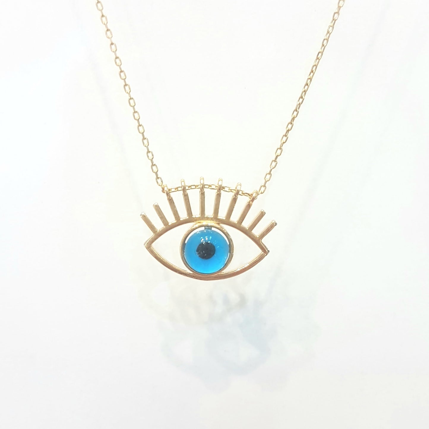 Eye Evil Eyelash Pendant Necklace for Women 14K Real Solid Gold Lucky Good Luck Blue