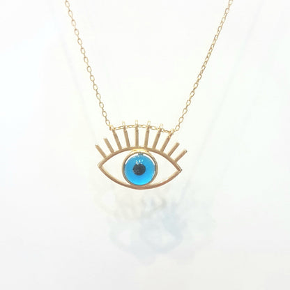 Eye Evil Eyelash Pendant Necklace for Women 14K Real Solid Gold Lucky Good Luck Blue