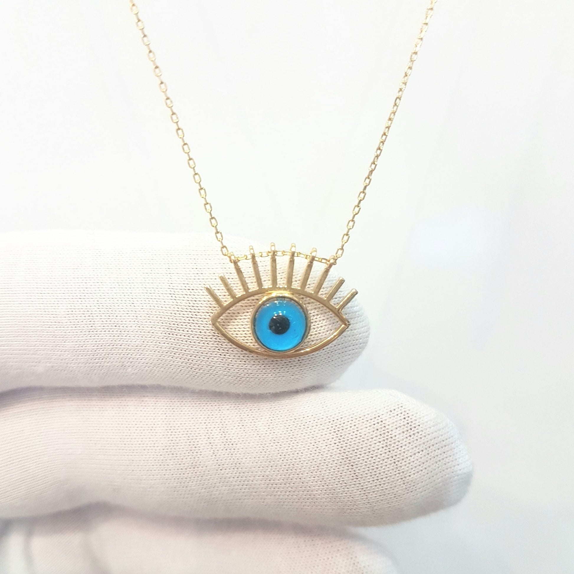 Eye Evil Eyelash Pendant Necklace for Women 14K Real Solid Gold Lucky Good Luck Blue
