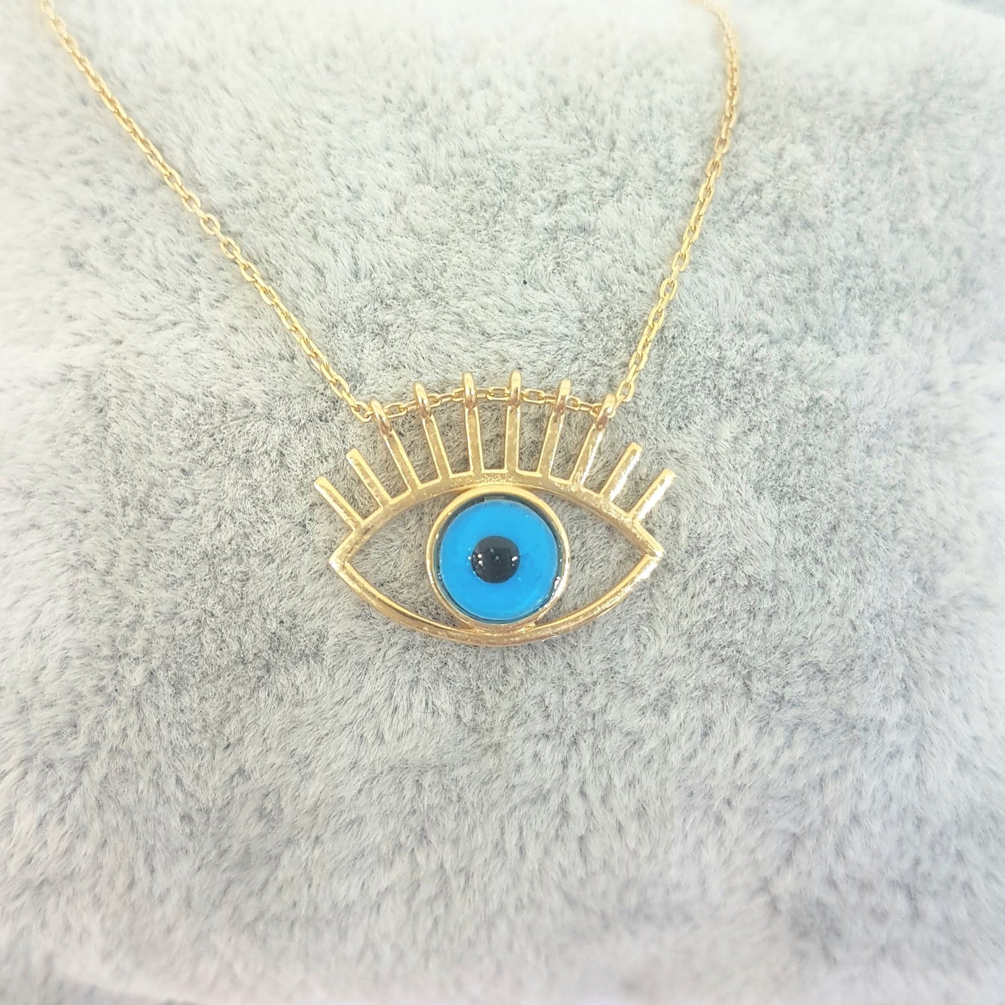 Eye Evil Eyelash Pendant Necklace for Women 14K Real Solid Gold Lucky Good Luck Blue