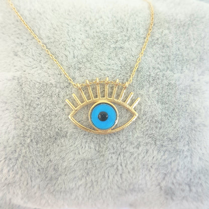 Eye Evil Eyelash Pendant Necklace for Women 14K Real Solid Gold Lucky Good Luck Blue
