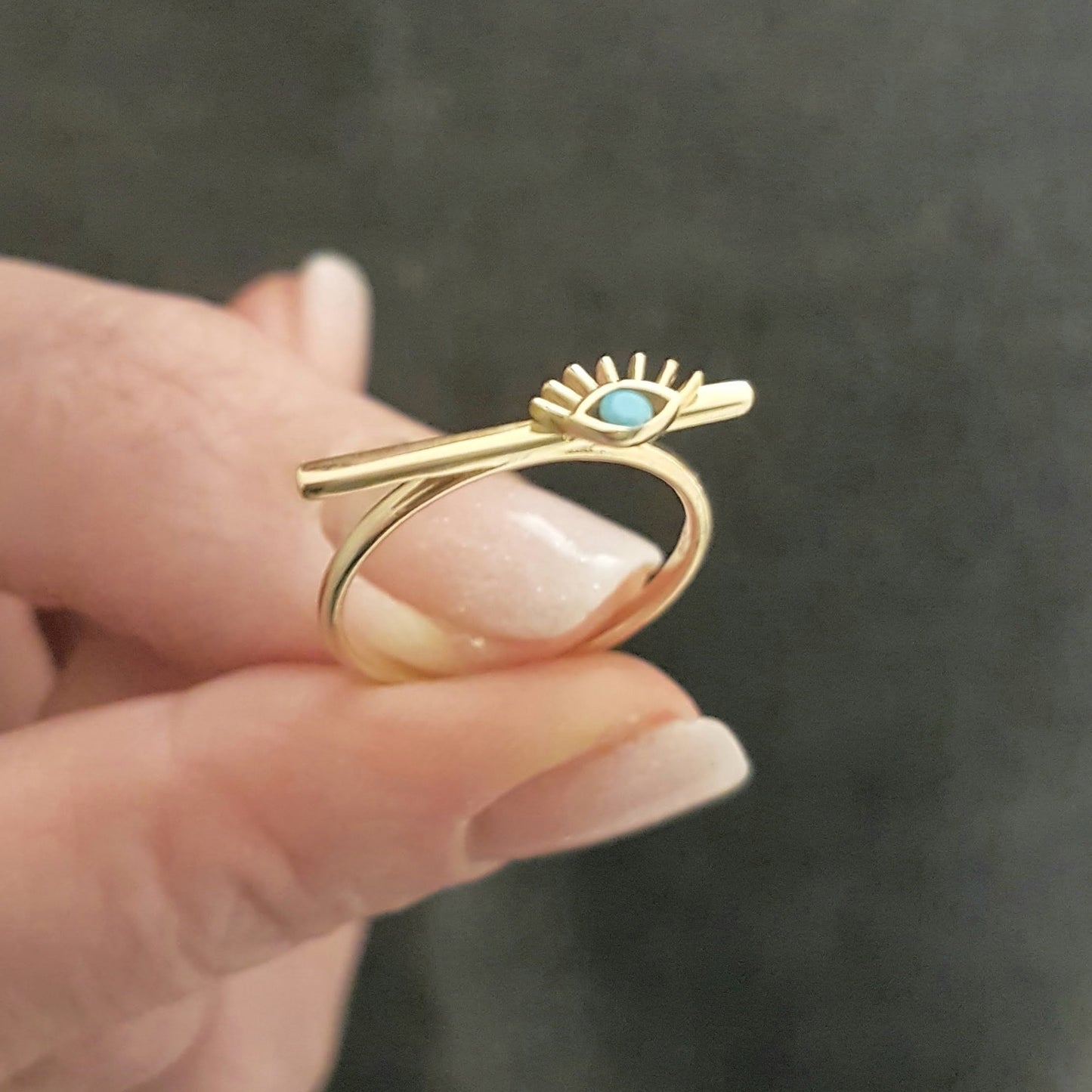 Eyelash Design with Turquoise Stone on Long Bar Ring for Women 14K Real Solid Gold December Birthstone Jewelry