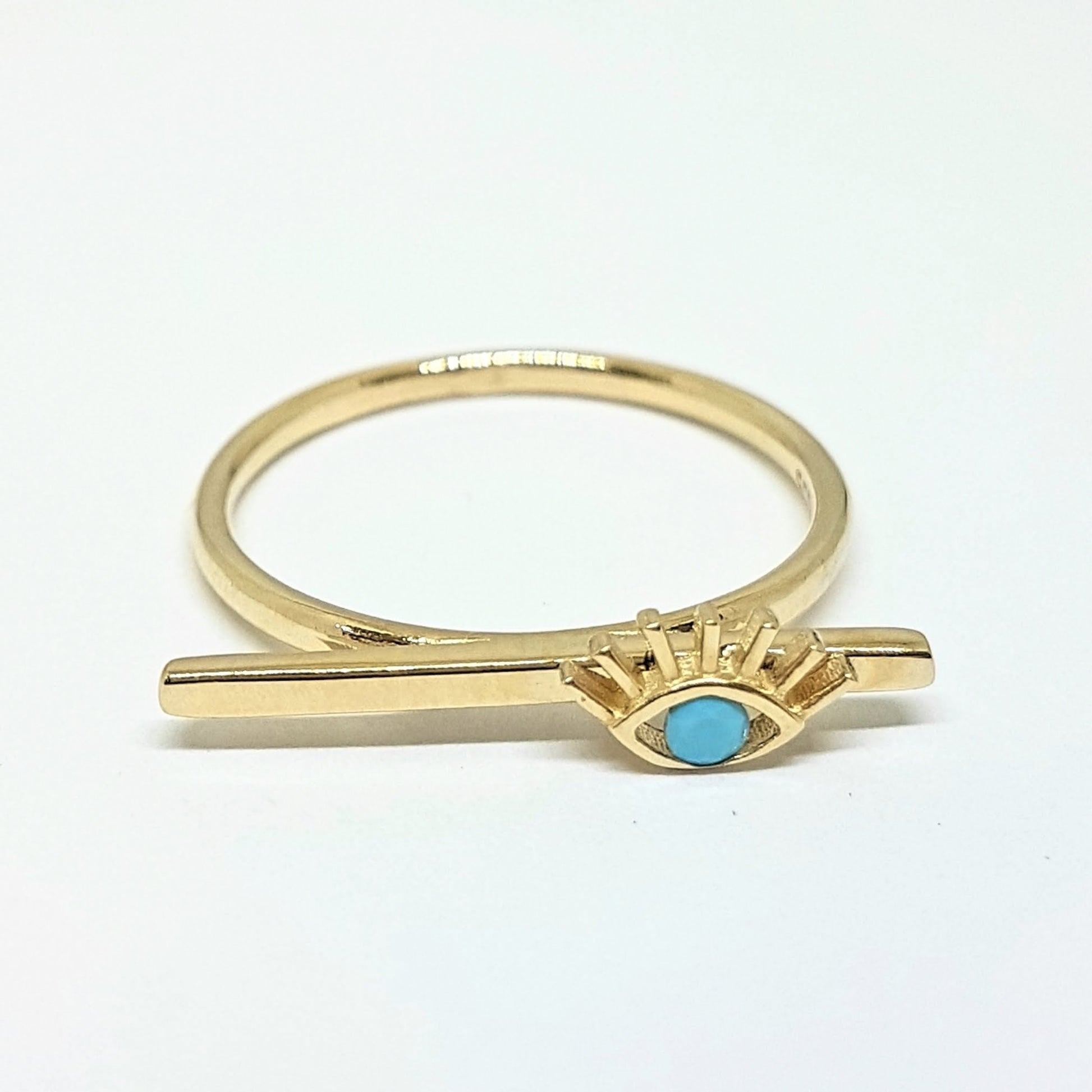 Eyelash Design with Turquoise Stone on Long Bar Ring for Women 14K Real Solid Gold December Birthstone Jewelry