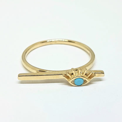Eyelash Design with Turquoise Stone on Long Bar Ring for Women 14K Real Solid Gold December Birthstone Jewelry