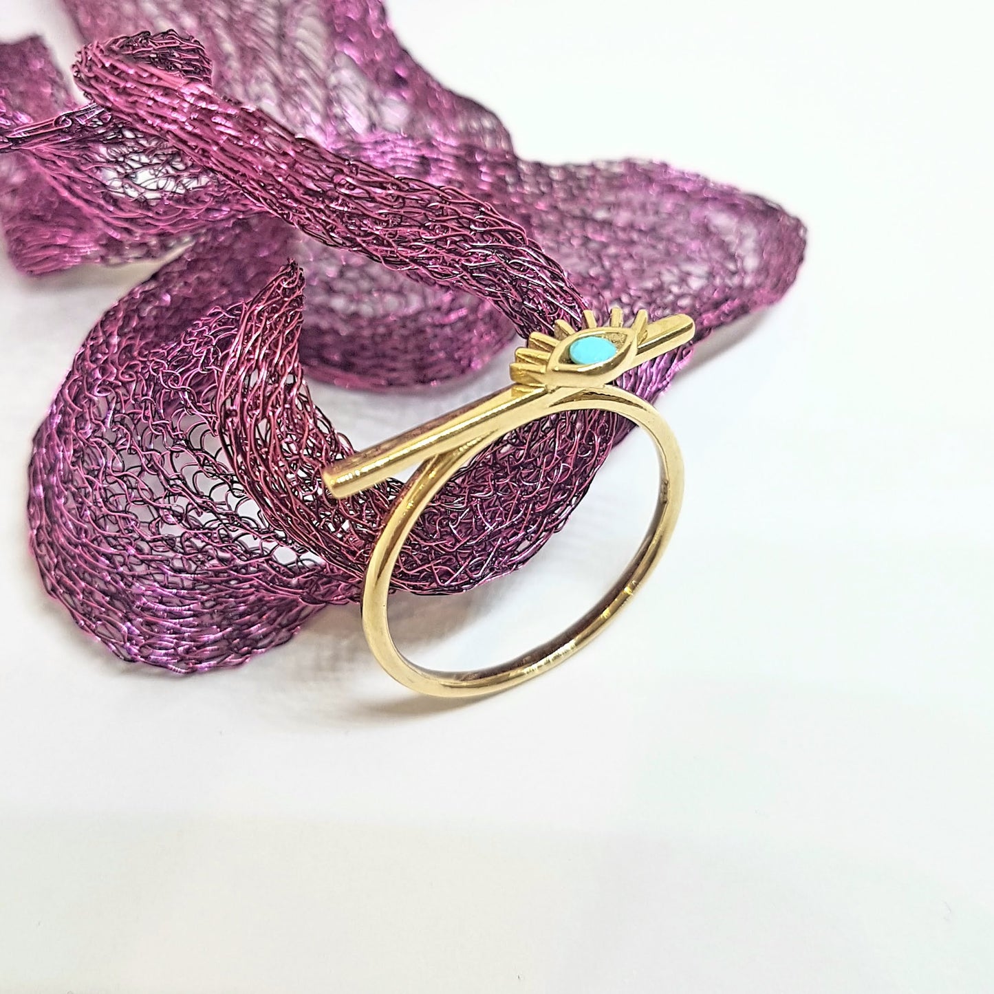 Eyelash Design with Turquoise Stone on Long Bar Ring for Women 14K Real Solid Gold December Birthstone Jewelry