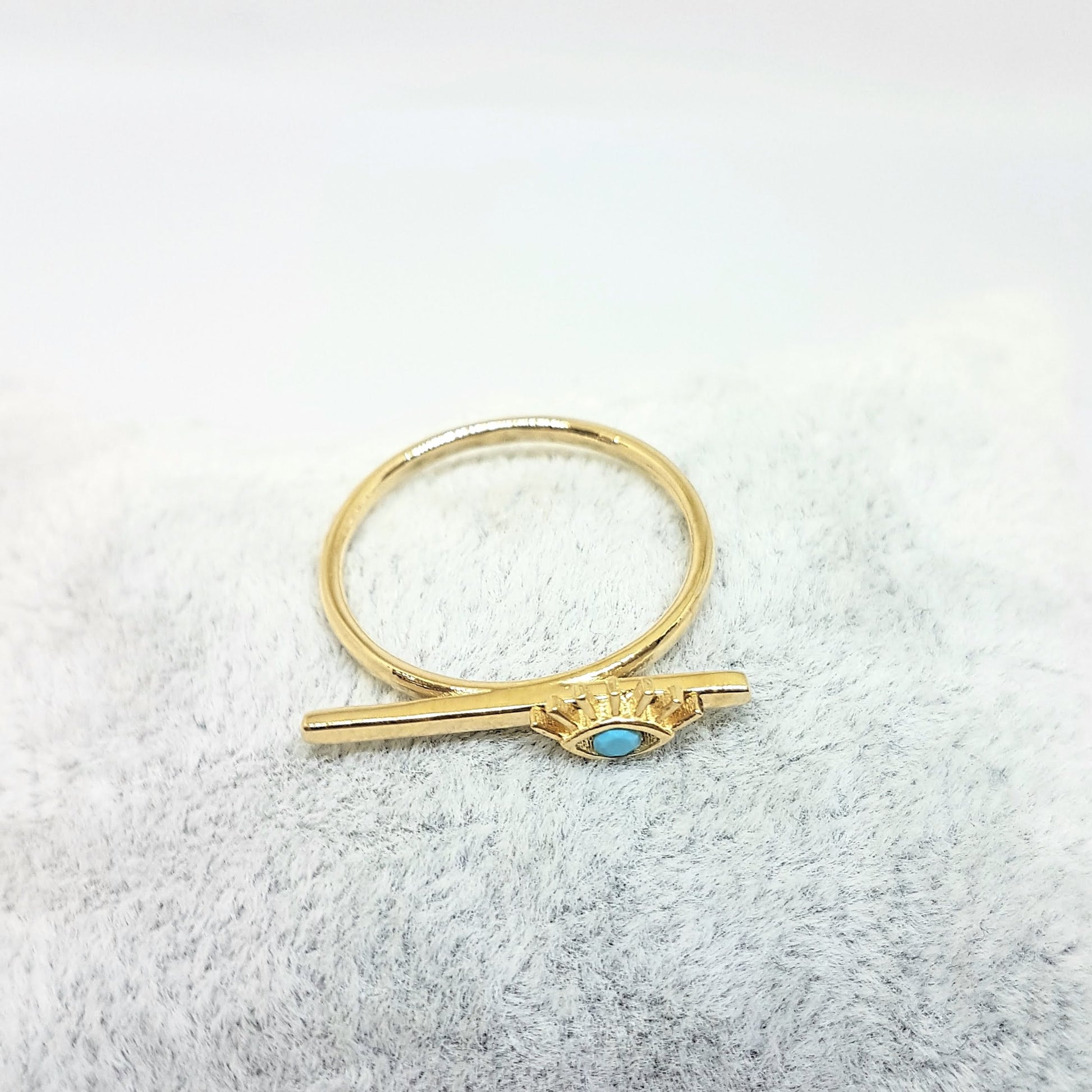 Eyelash Design with Turquoise Stone on Long Bar Ring for Women 14K Real Solid Gold December Birthstone Jewelry