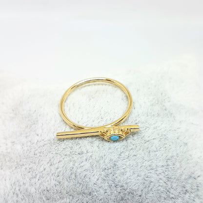 Eyelash Design with Turquoise Stone on Long Bar Ring for Women 14K Real Solid Gold December Birthstone Jewelry