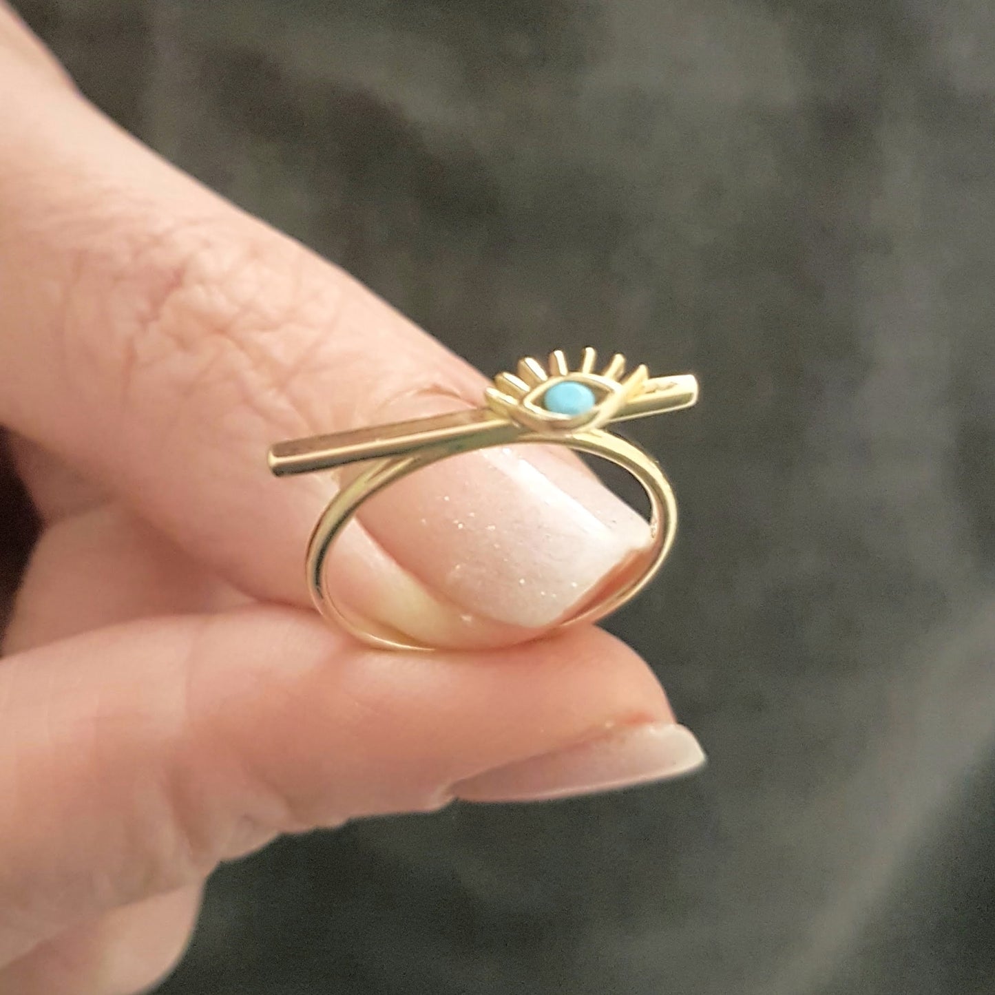 Eyelash Design with Turquoise Stone on Long Bar Ring for Women 14K Real Solid Gold December Birthstone Jewelry