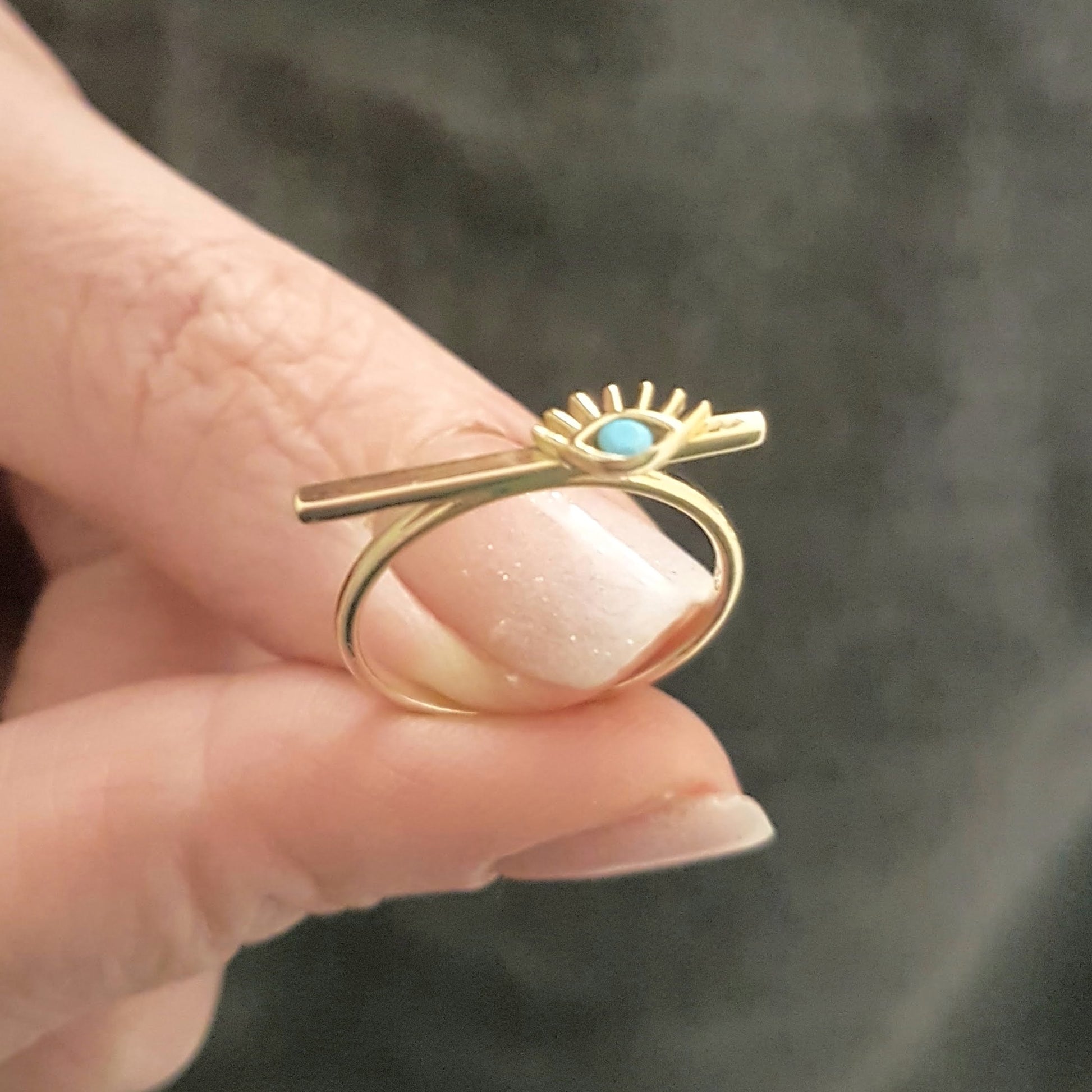 Eyelash Design with Turquoise Stone on Long Bar Ring for Women 14K Real Solid Gold December Birthstone Jewelry