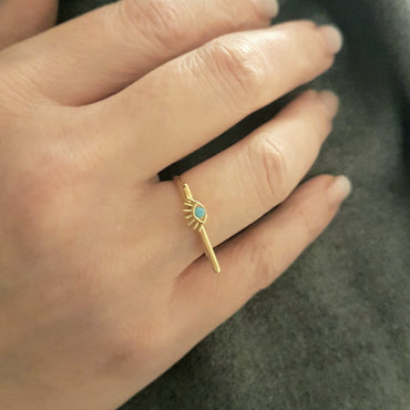 Eyelash Design with Turquoise Stone on Long Bar Ring for Women 14K Real Solid Gold December Birthstone Jewelry