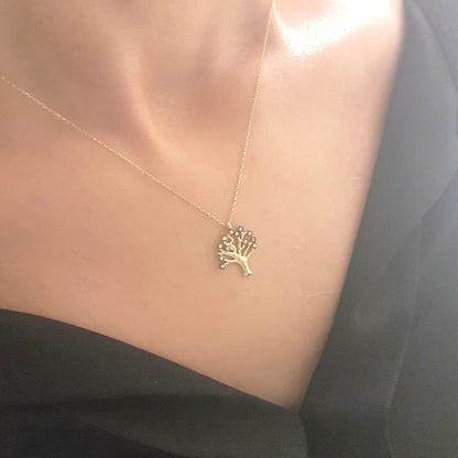 Family Tree of Life Necklace 14K Real Solid Gold with White Zirconia Stones Charm Dainty Delicate Trendy Cute Jewelry best gift for women yourself grandma birthda