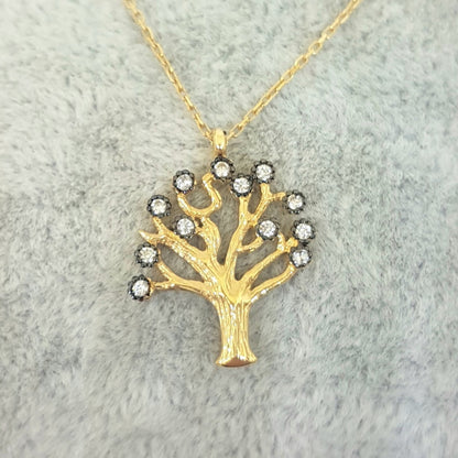 Family Tree of Life Necklace 14K Real Solid Gold with White Zirconia Stones Charm Dainty Delicate Trendy Cute Jewelry best gift for women