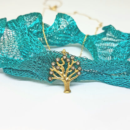 Family Tree of Life Necklace 14K Real Solid Gold with White Zirconia Stones Charm Dainty Delicate Trendy Cute Jewelry best gift for women