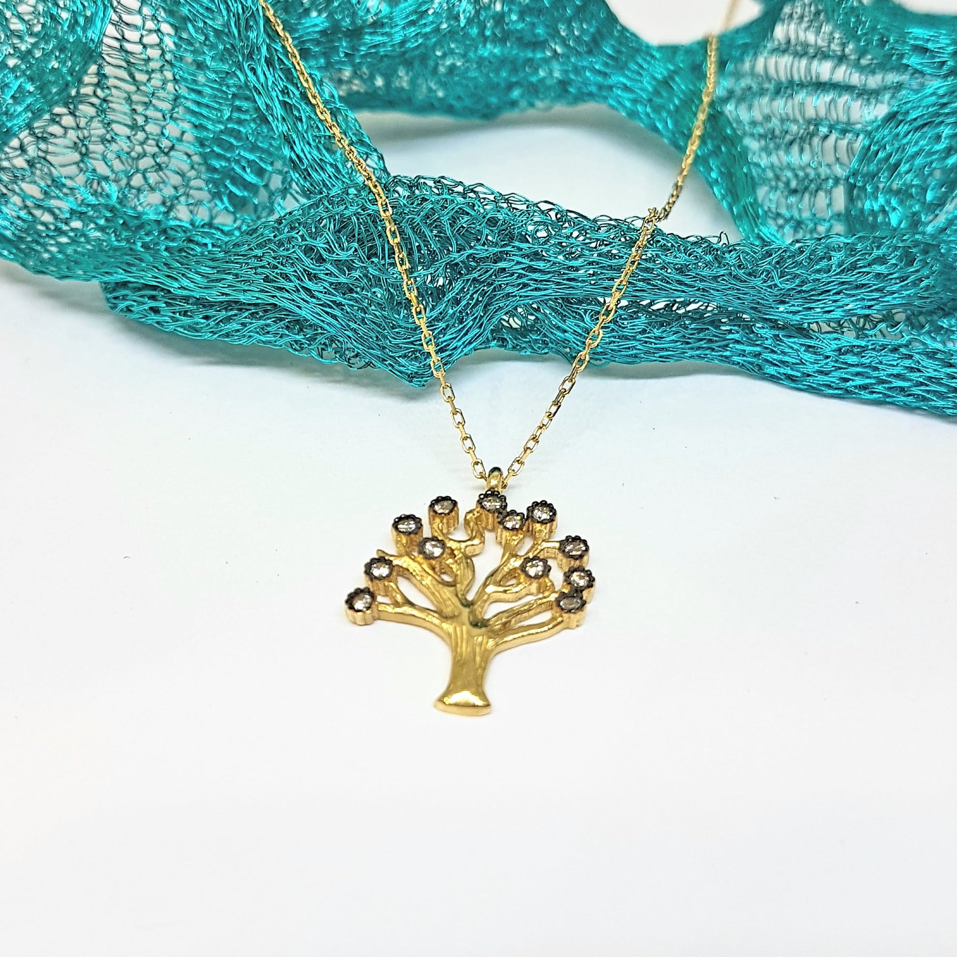 Family Tree of Life Necklace 14K Real Solid Gold with White Zirconia Stones Charm Dainty Delicate Trendy Cute Jewelry best gift for women