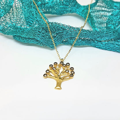 Family Tree of Life Necklace 14K Real Solid Gold with White Zirconia Stones Charm Dainty Delicate Trendy Cute Jewelry best gift for women