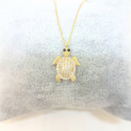Sea Turtle Animal for Good Luck 14K Real Solid Gold with White Zirconia Stones Textured Legs Head Charm Dainty Delicate Trendy Cute Pendant Necklace Best Gift for Women jewelry Birthday