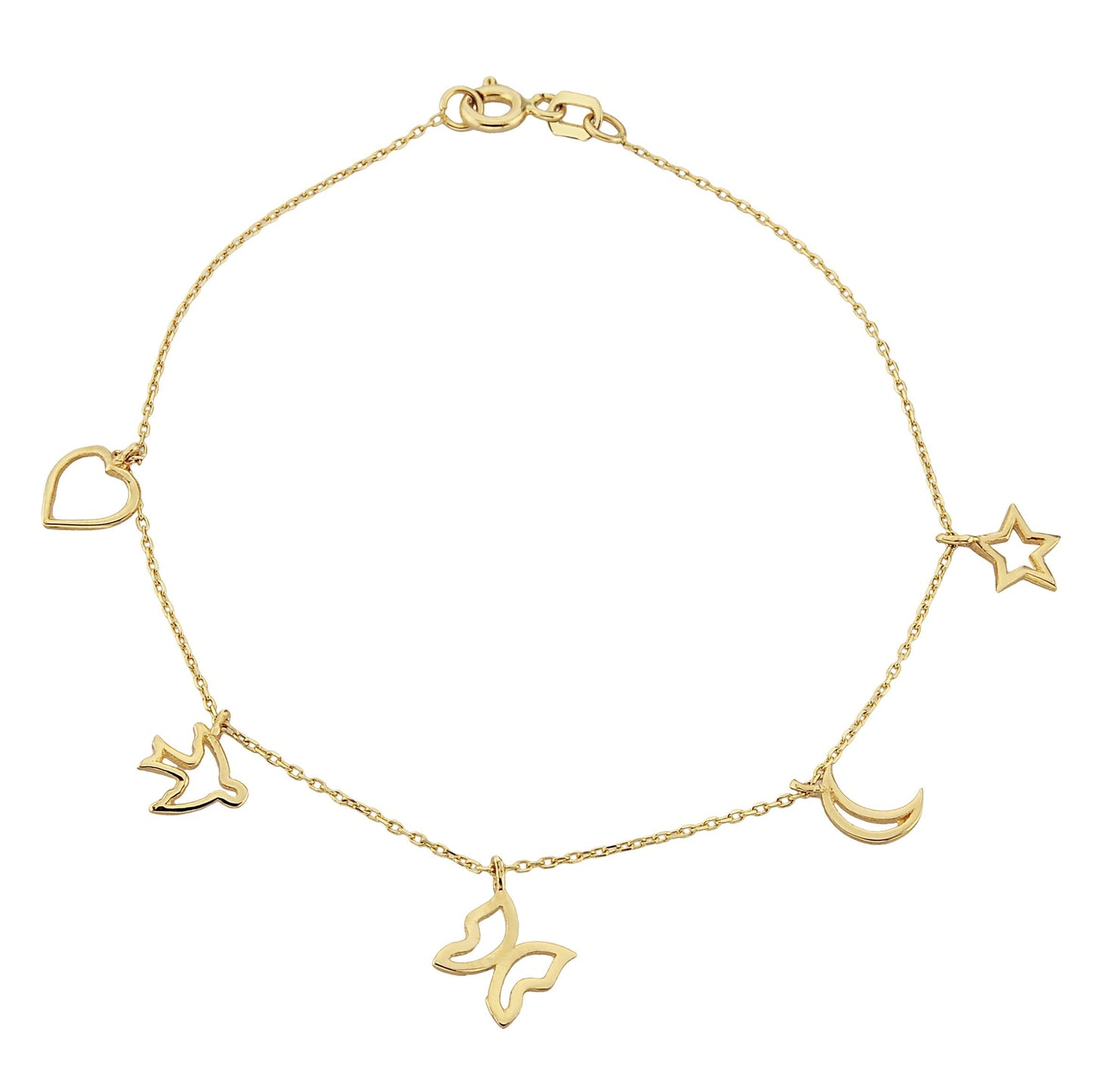 14K Real Solid Gold Good Luck Lucky Charm Bracelet for Women with Butterfly Star Moon Heart Swallow Pieces , Charm Bracelet Gold