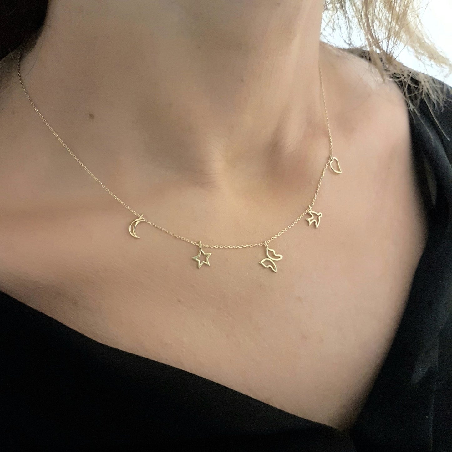 Good Luck Lucky Charm Pendant Necklace for Women 14K Real Solid Gold with Butterfly Star Moon Heart Swallow Pieces