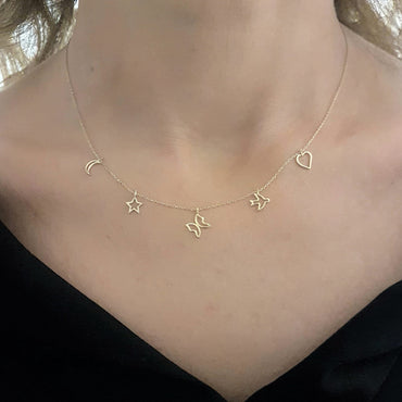 Good Luck Lucky Charm Pendant Necklace for Women 14K Real Solid Gold with Butterfly Star Moon Heart Swallow Pieces