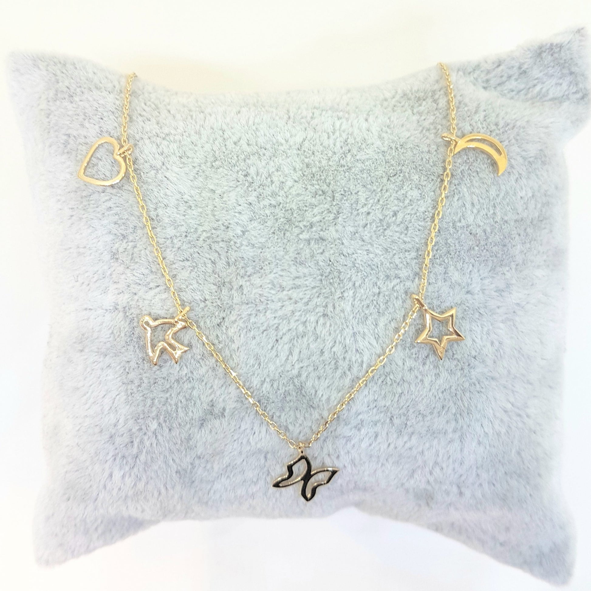 Good Luck Lucky Charm Pendant Necklace for Women 14K Real Solid Gold with Butterfly Star Moon Heart Swallow Pieces