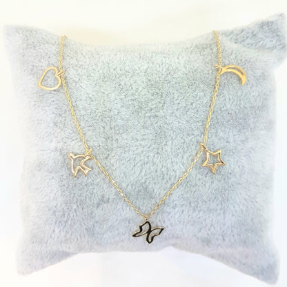 Good Luck Lucky Charm Pendant Necklace for Women 14K Real Solid Gold with Butterfly Star Moon Heart Swallow Pieces