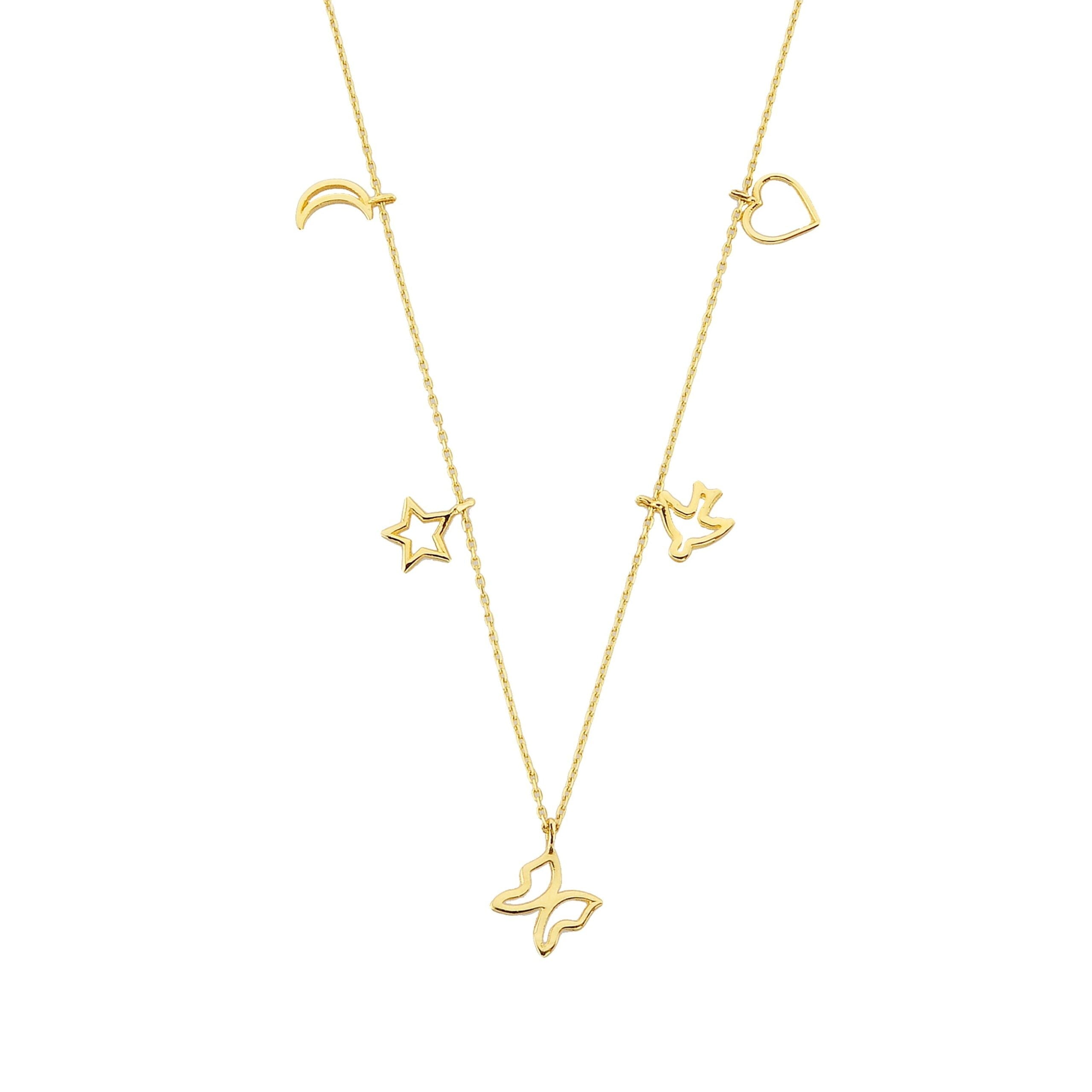 Good Luck Lucky Charm Pendant Necklace for Women 14K Real Solid Gold with Butterfly Star Moon Heart Swallow Pieces Birthday Christmas Mother's Day Gift Jewelry