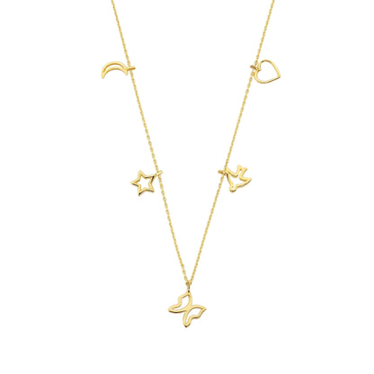 Good Luck Lucky Charm Pendant Necklace for Women 14K Real Solid Gold with Butterfly Star Moon Heart Swallow Pieces Birthday Christmas Mother's Day Gift Jewelry