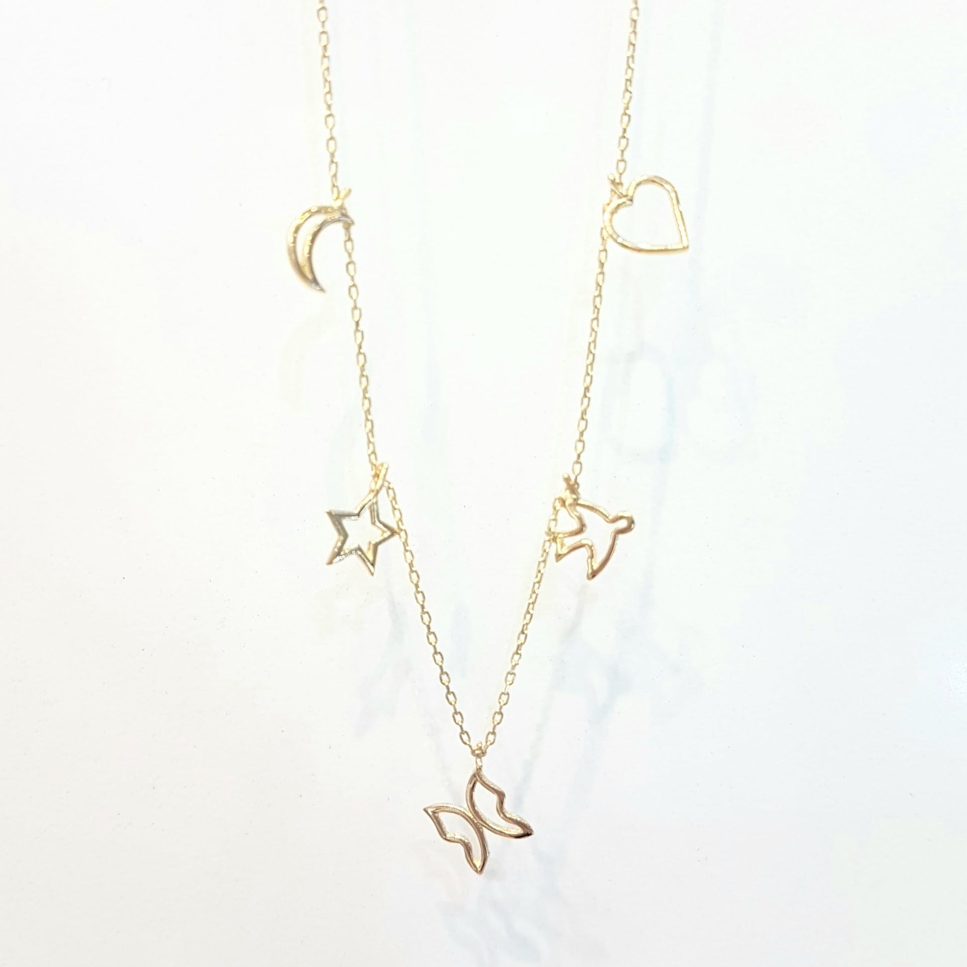 Good Luck Lucky Charm Pendant Necklace for Women 14K Real Solid Gold with Butterfly Star Moon Heart Swallow Pieces