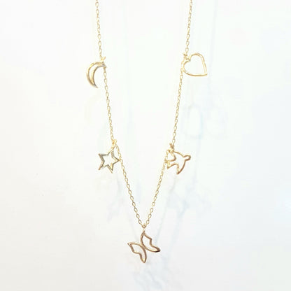 Good Luck Lucky Charm Pendant Necklace for Women 14K Real Solid Gold with Butterfly Star Moon Heart Swallow Pieces