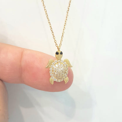 Sea Turtle Animal for Good Luck 14K Real Solid Gold with White Zirconia Stones Textured Legs Head Charm Dainty Delicate Trendy Cute Pendant Necklace Best Gift for Women jewelry Birthday