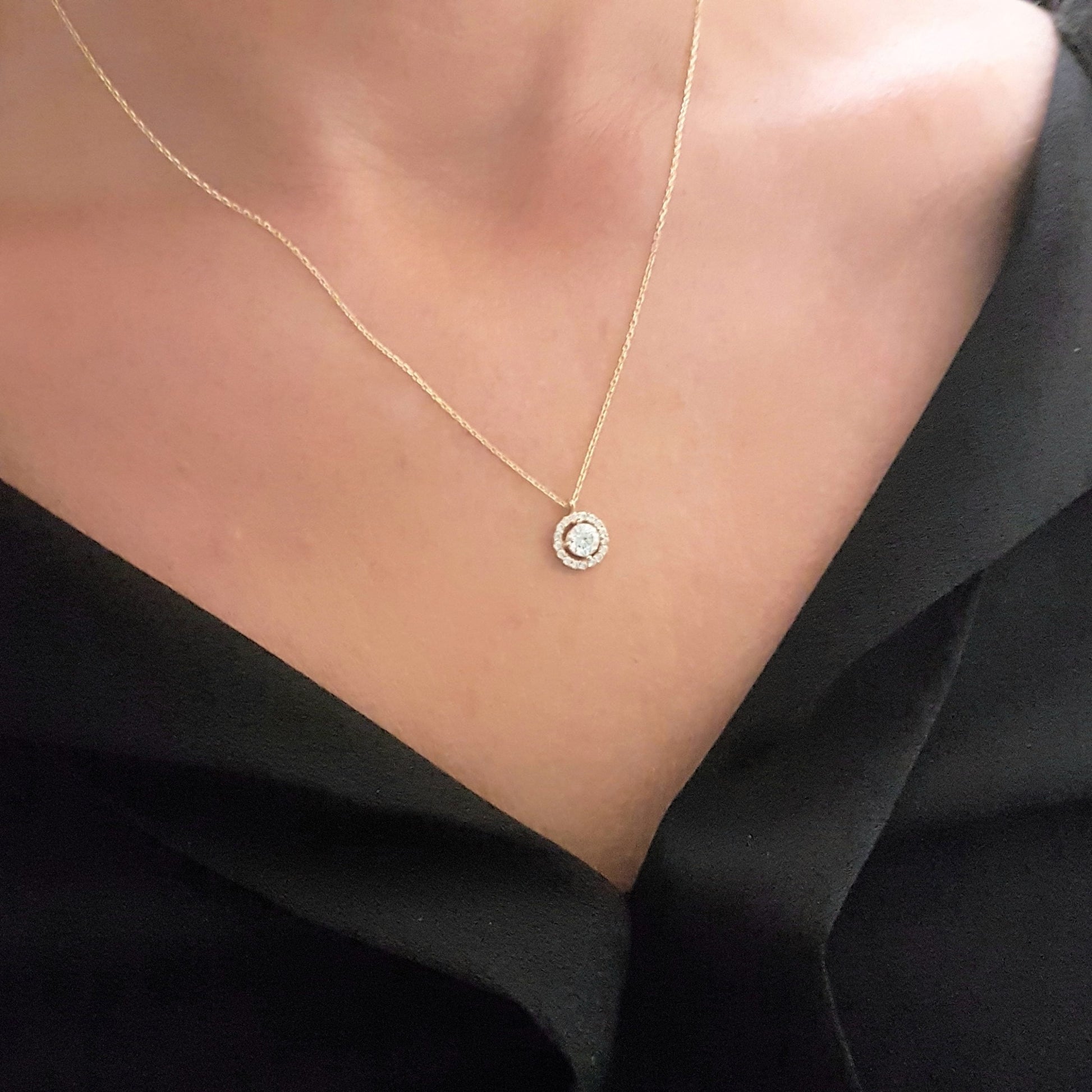 Halo Solitaire Round Pendant Necklace 14K Real Solid Gold with Halo White Zirconia Stones Charm for Women