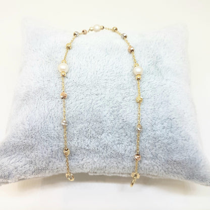 14K Real Solid Gold Bracelet Beaded Pearls and Italian Balls Design Best Birthday Gift for Women Mother Wife Girlfriend