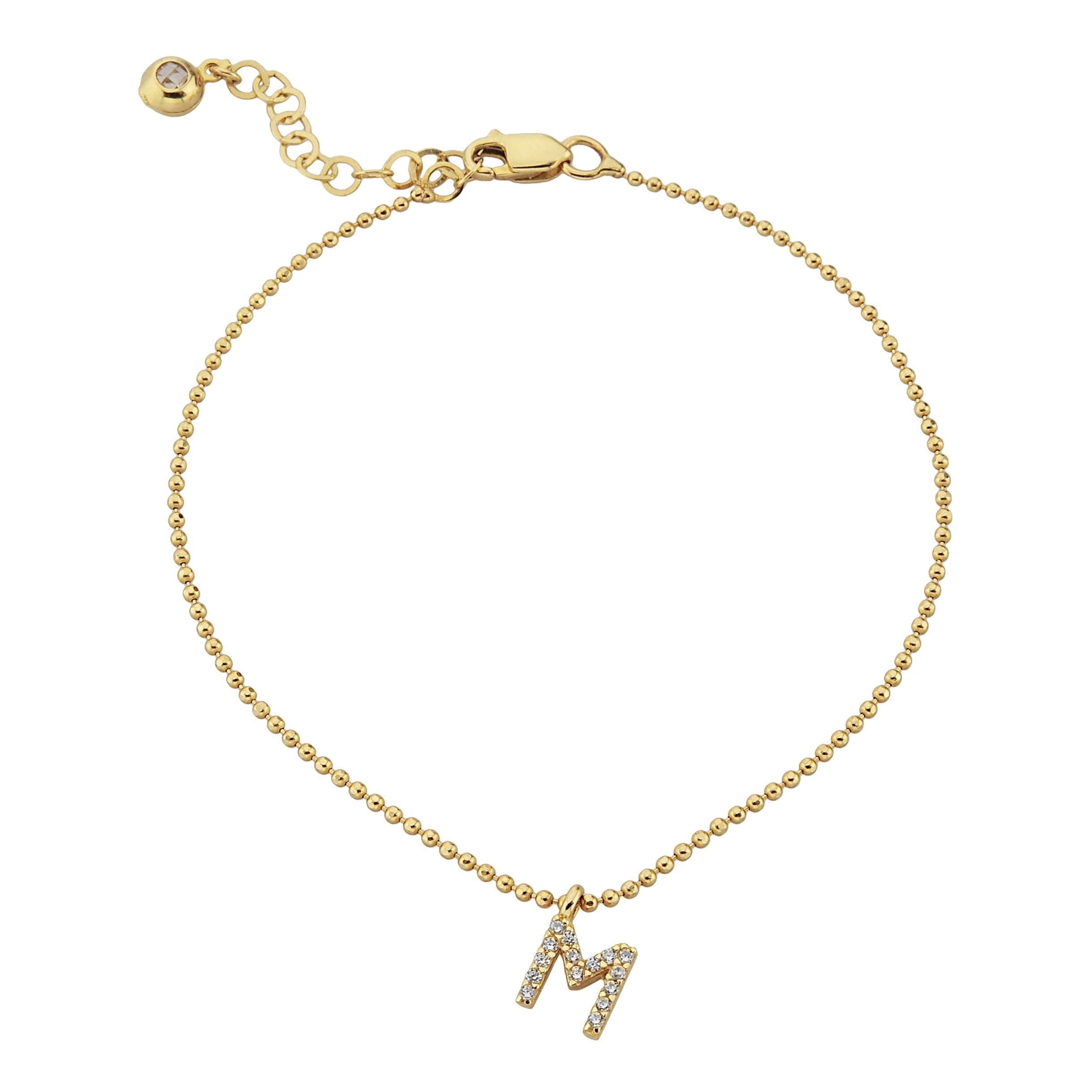 Initial Bracelet for Women A-Z Custom Letters with White Zirconia Stone Adjustable Personalized 14K Real Solid Gold yellow gold chain Alphabet.