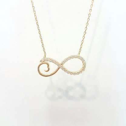 14K Real Solid Gold Infinity Forever Design with White Stones Love Charm Elegant Dainty Delicate Trendy Cute Pendant Necklace best birthday gift Women Jewelry girlfriend