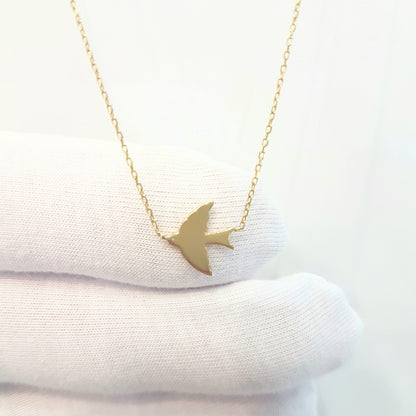 14K Real Solid Gold Swallow Dove Bird Design Cute Charm Dainty Delicate Trendy Sideways Pendant Necklace best birthday gift Women Jewelry girlfriend mother girl
