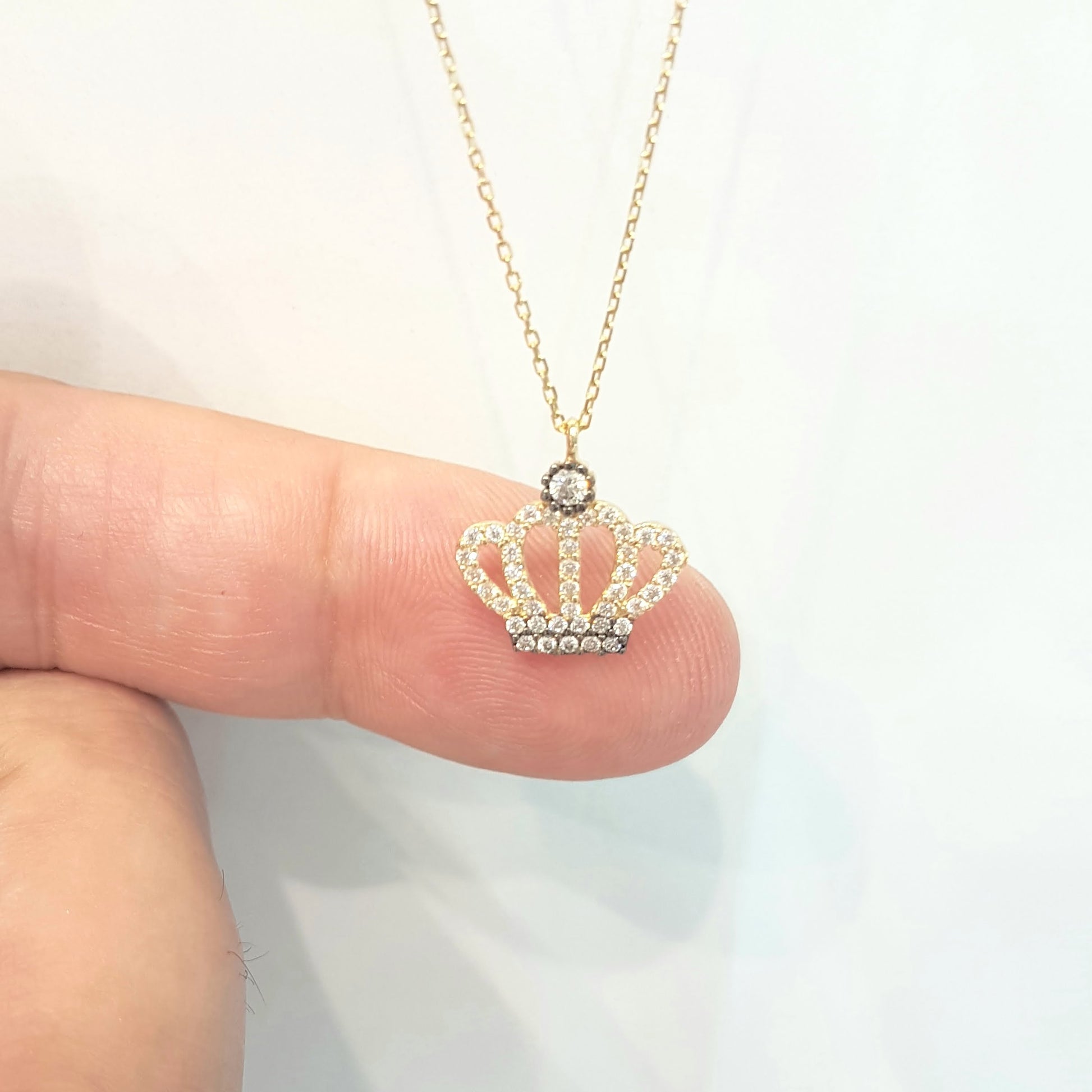 Queen Princess Crown Pendant Necklace 14K Real Solid Gold with White Zirconia Stones Cute Charm Dainty Delicate Trendy Best Birthday gift for women the best way to say You are the Queen of My Heart
