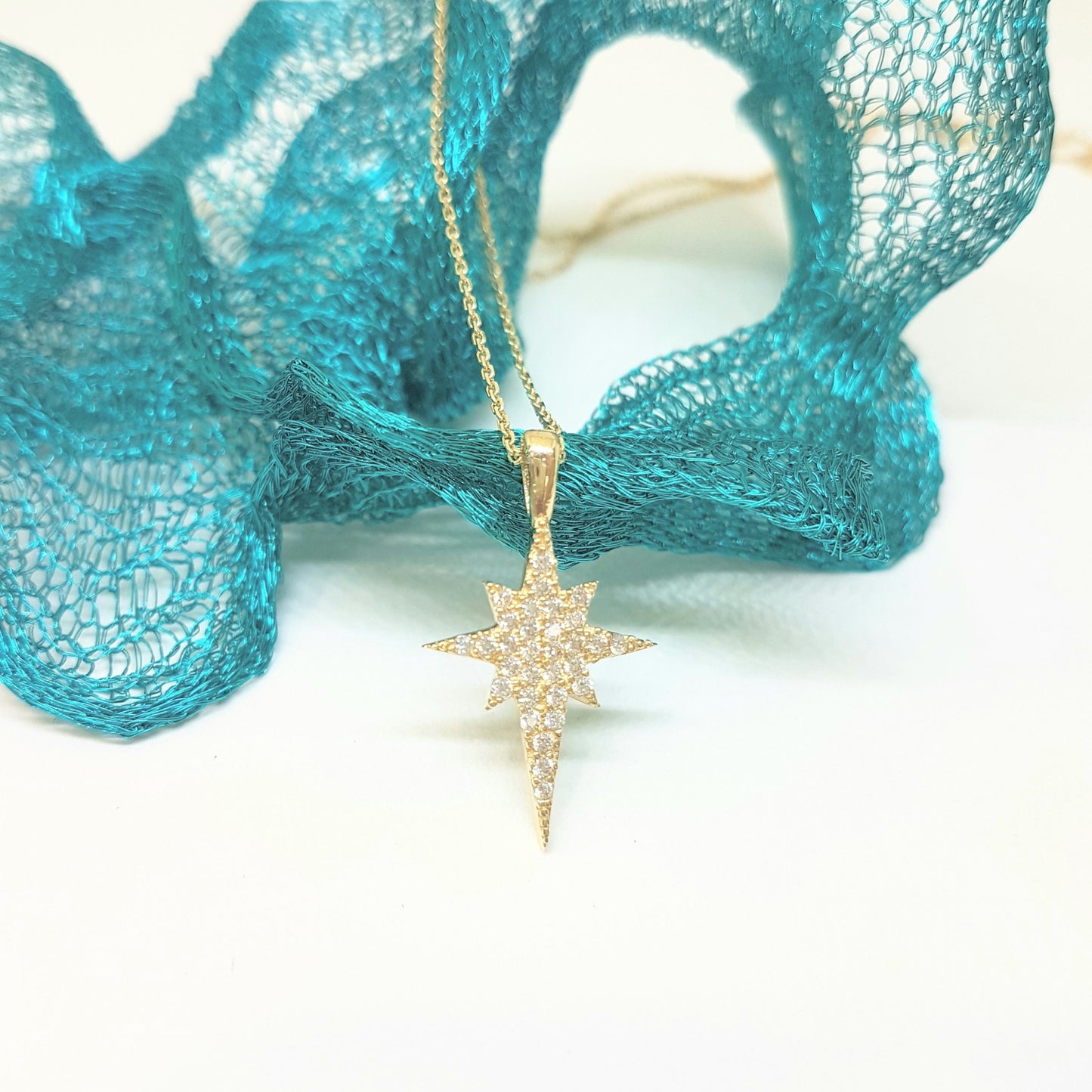 14K Real Solid Gold North Star Pendant Necklace with White Zirconia Stones Cute Charm Dainty Delicate Trendy Elegant Best Birthday Christmas Gift for Women Wife Her Grandma Girls