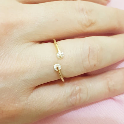 14K Real Solid Yellow Gold Open Separate Ring with White Zirconia Stones Simple Dainty For Women