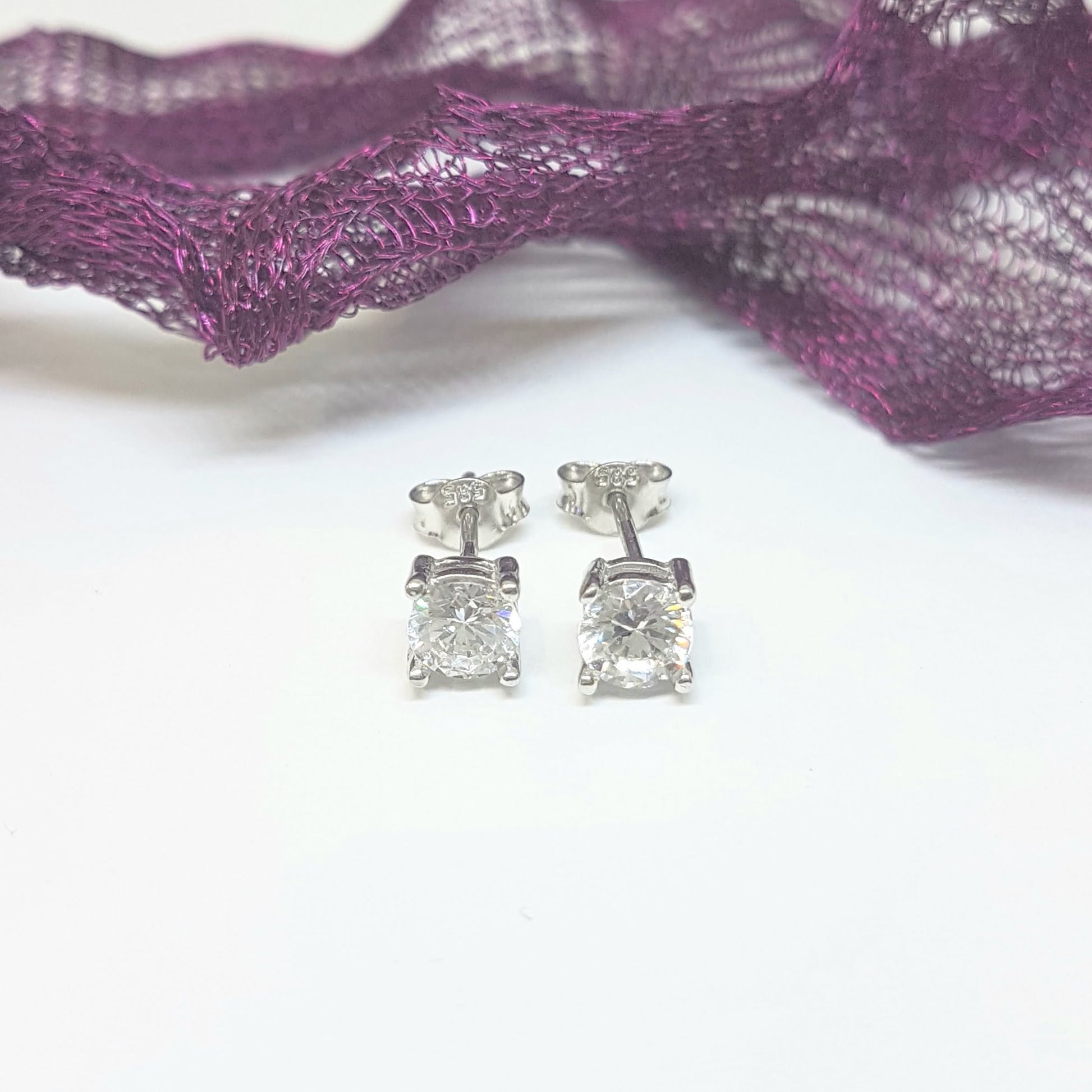 Solitaire Stud Earrings 14K Real Solid White Gold with Cubic Zirconia Round Cut Charm Dainty Handmade for Women Jewelry