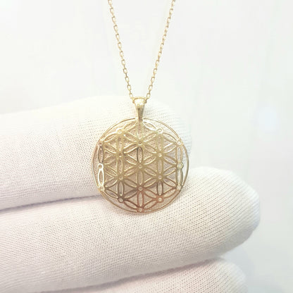 Lotus Flower of Life Pendant Necklace for Women 14K Real Solid Gold Charm Dainty