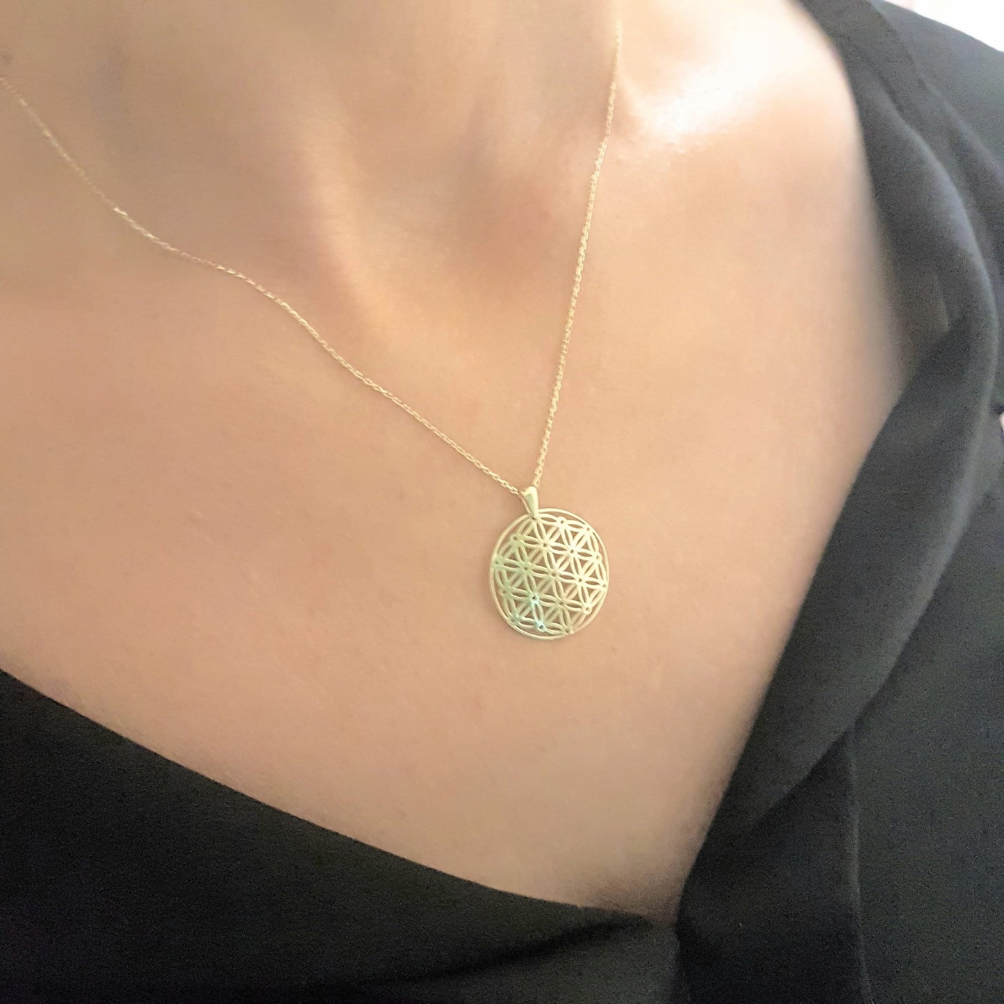 Lotus Flower of Life Pendant Necklace for Women 14K Real Solid Gold Charm Dainty