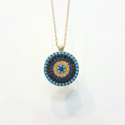 14K Real Gold Round Circle Evil Eye Design with Zirconia Stones Charm Dainty Elegant Delicate Trendy Pendant Necklace best birthday gift for women jewelry girlfriend mom sun sunflower turquoise