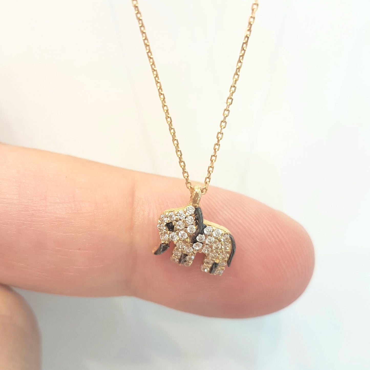 14K Real Solid Gold Elephant Pendant Necklace with White Zirconia Stones Cute Charm Dainty Best Birthday Gift for Women Good Luck