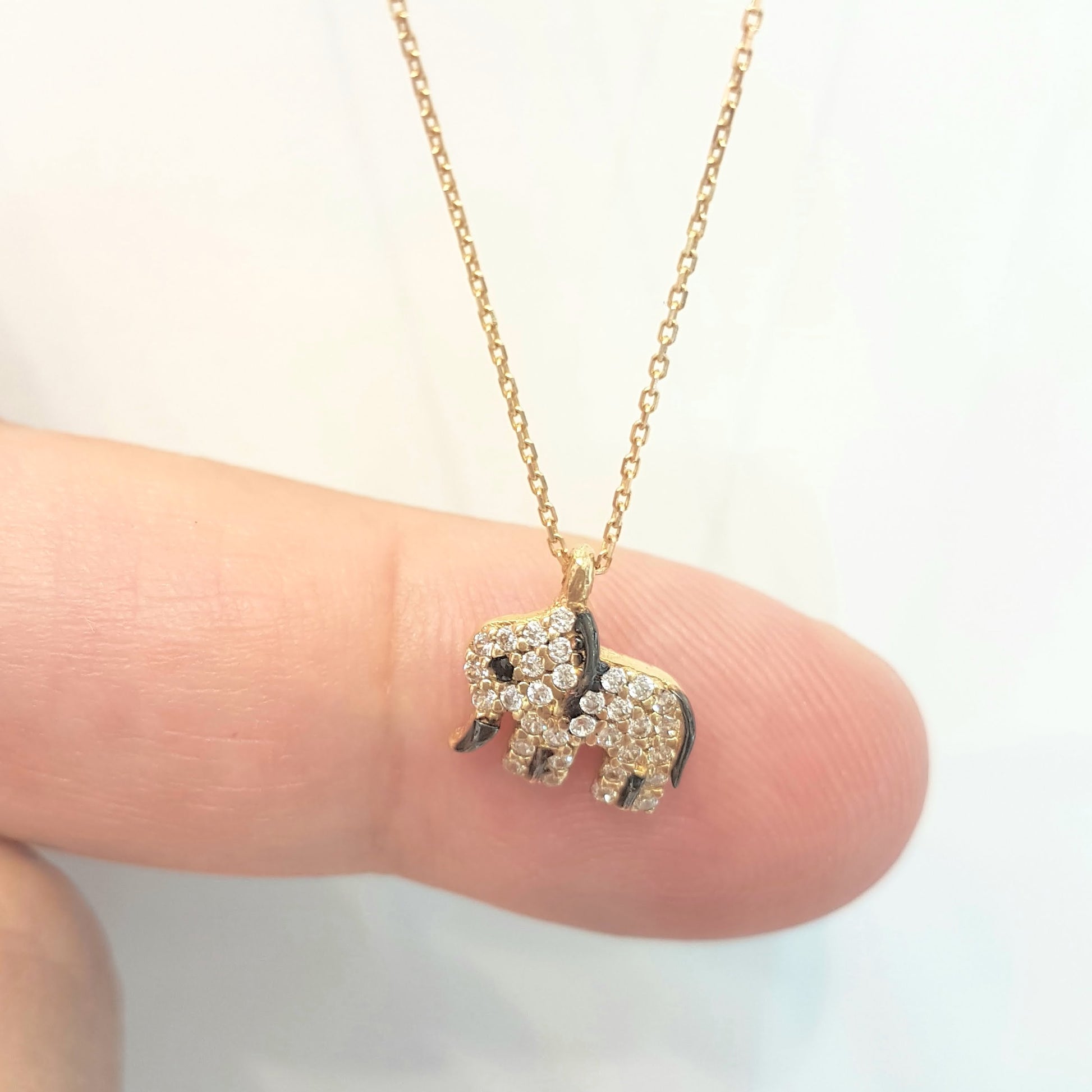 14K Real Solid Gold Elephant Pendant Necklace with White Zirconia Stones Cute Charm Dainty Best Birthday Gift for Women Good Luck