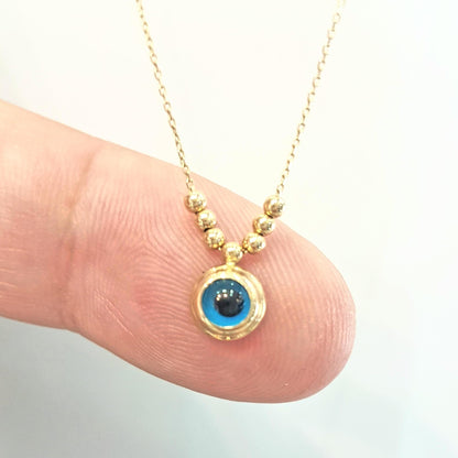 14K Real Solid Gold Lucky Evil Eye with Three Balls Blue Eyes Tiny Charm Pendant Necklace for Women Turkish Evil Eye Faith Protection Nazar