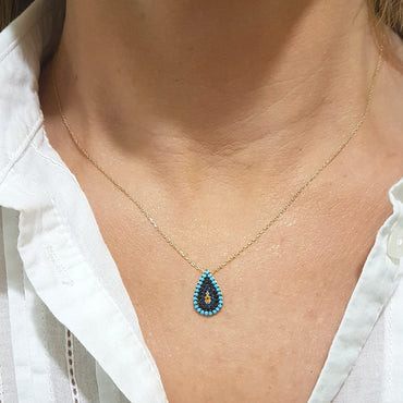 14K Real Solid Gold TearDrop and Evil Eye Design with Zirconia Stones Charm Dainty Delicate Elegant Trendy Pendant Necklace best birthday gift for women Jewelry girlfriend mom