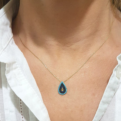 14K Real Solid Gold TearDrop and Evil Eye Design with Zirconia Stones Charm Dainty Delicate Elegant Trendy Pendant Necklace best birthday gift for women Jewelry girlfriend mom