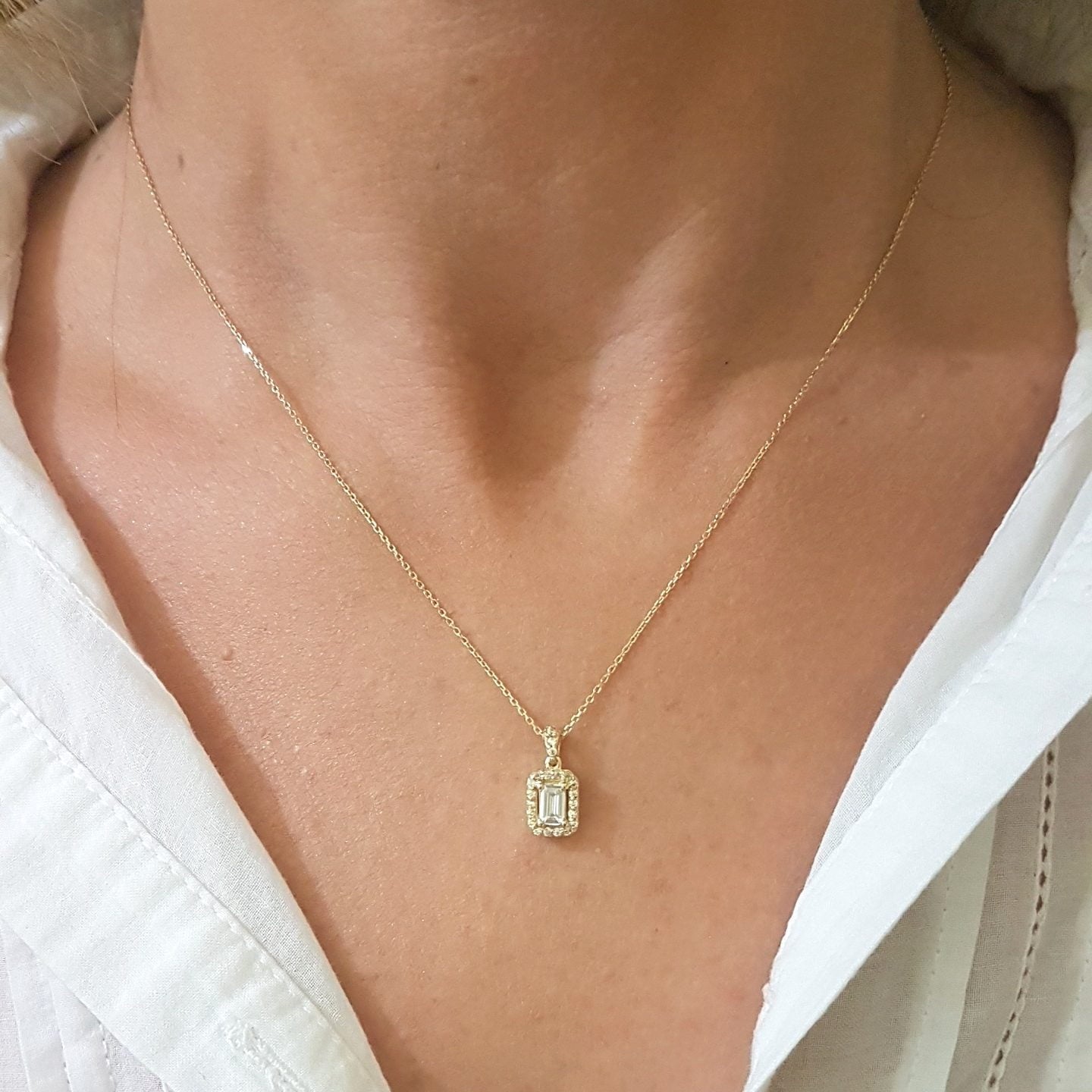 14K Real Gold Baguette Pendant Necklace with Halo Round Stones Cute Dainty Charm Delicate Trendy Best Birthday Gift for Women Jewelry Girlfriend Mother